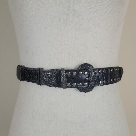 VTG Express Belt Small Black Leather Studs Chain Metal Goth Rock Mesh Ornate 90s